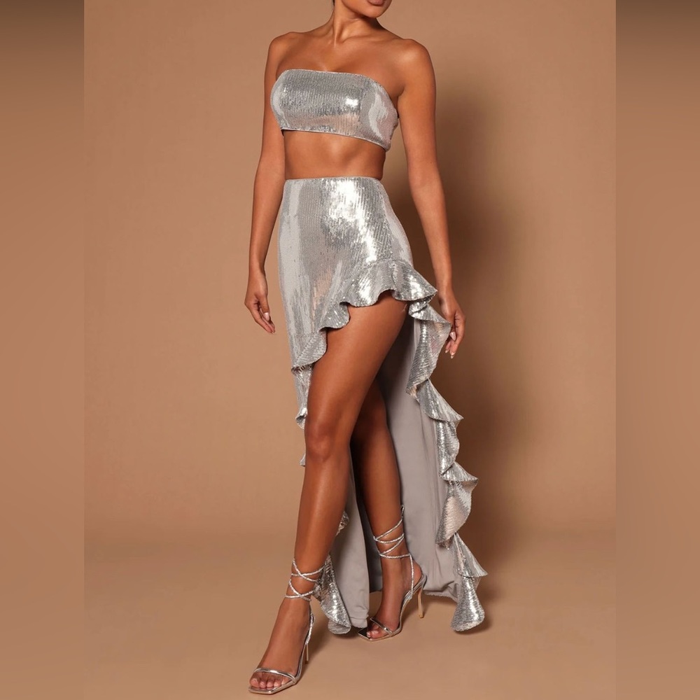 Gorgeous sequins 2 piece crop evening skirt set dress
